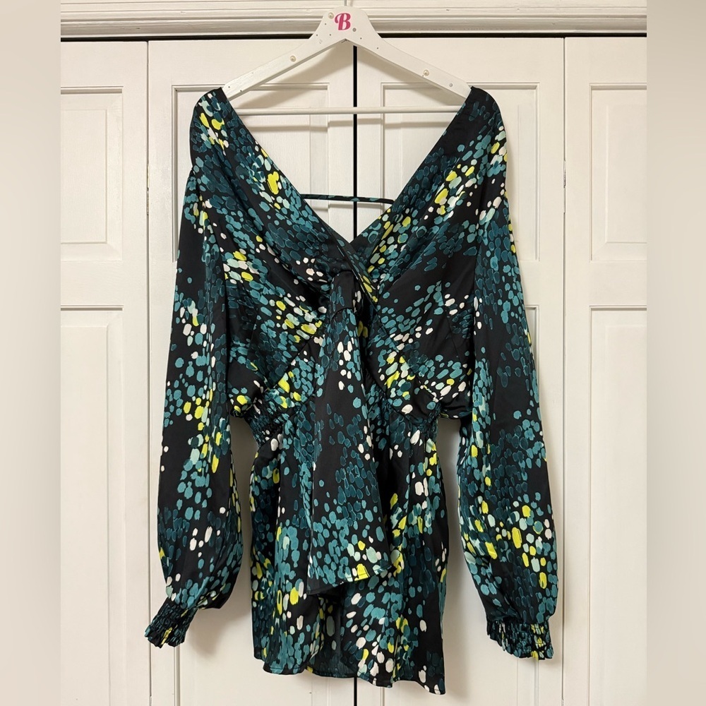 Torrid Satin Surplice Tie Cut Out Back Blouse Multi Size 2X Romantic Fairy - Picture 2 of 6
